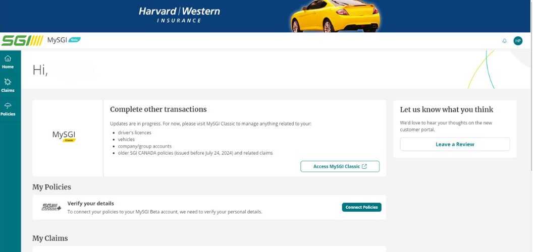 MySGI screen account homepage BETA